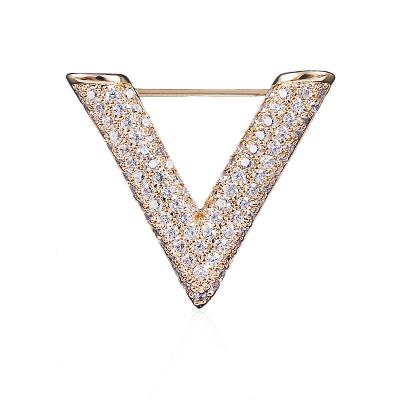 China Crystal Letter V Brooch 14K Gold Real Gold Plating Micro Inlaid Zircon Collar Pin Wholesale for sale