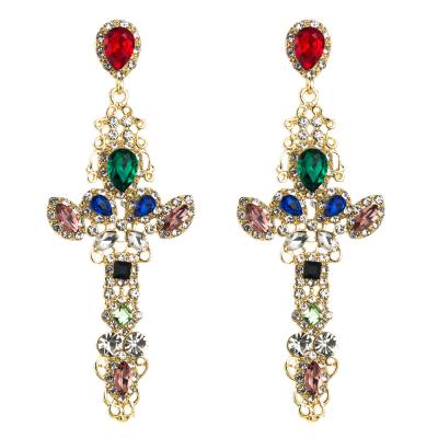 China Designer temperament neo-gothic fashionable ladies hollow out cross rhinestone cross inlaid net red earrings for sale