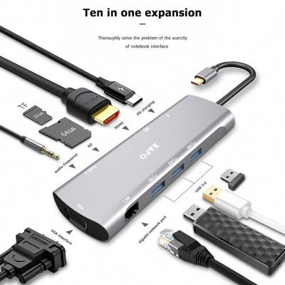 China High Quality Multi Function Data Transfer Cable BAFO USB C HUB 10 in1 type c to usb3.0*3+hdmi+Rj45+vga+audio+sd/TF+PD USB-c multifunction adapter for sale