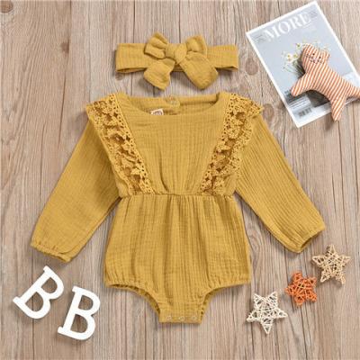 China Knitted/Long Sleeve Canvas/Baby Jumpsuit Girl Cotton Solid Color Flying Sleeve Baby Basic Canvas Cotton Jumpsuit for sale