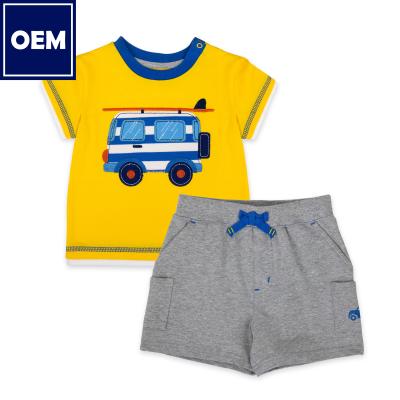 China Baby Boy Casual Clothes Set Cartoon Walmart Gray Car Pattern Shorts Yellow Summer USA Canada Toddler for sale