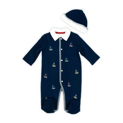 China 100% Cotton Baby Boy Rompers Pajamas Footed Sleepwear 2 Piece Instant Closure Navy Infant PJ Toddlers Overalls for sale