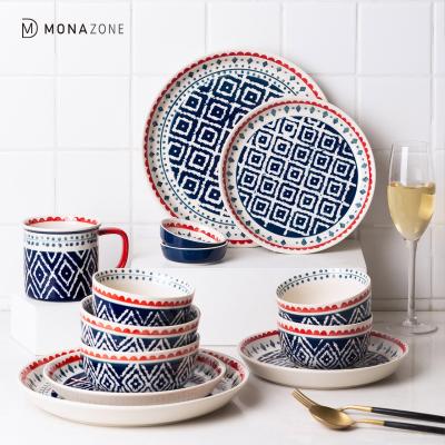 China Japanese Ceramic Dish Oven Heat-Resistant Meal Dinner Plate Cup Stocked Blue Kitchenware Set for sale