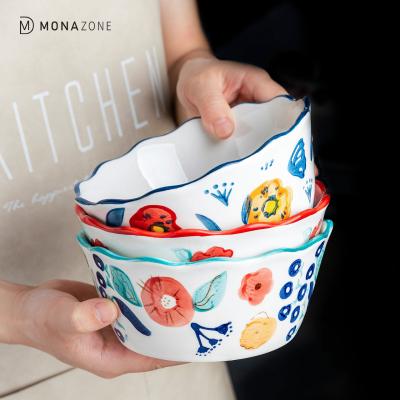 China MONAZONE Flower Pattern Microwave Noodle Rice Bowl Stocked Ceramic Soup Bowl Tableware Heat Resistant Lace for sale