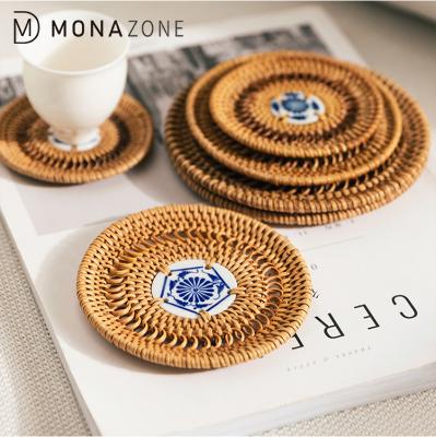 China MONAZONE Sustainable Rattan Braided Japanese Ceramic Coaster Tea Cup Mat With Heat Resistance Anti Heat Protect Table For Home Office for sale