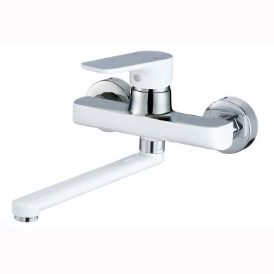 China Leverless OEM Manufacturer Supply Single Slide Bar Chrome And Brass Faucet White Wall Mounted Kitchen Mixer With Long Spout for sale