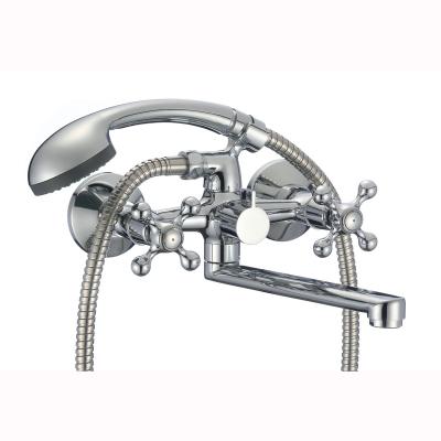 China Without Slide Bar OEM Manufacturer Supply Dual Handles Chrome Brass Faucet Bathroom Bath And Shower Wall Mounted Mixer With Long Spout for sale