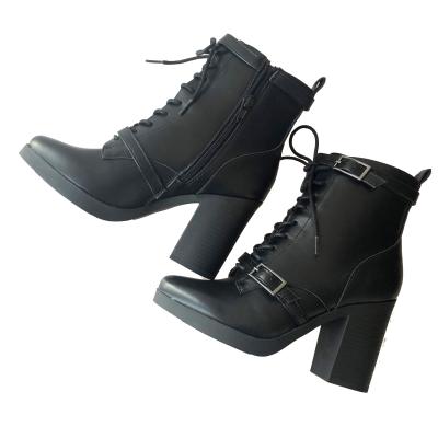 China Light Hot Sales Ladies Black Leather Shoes Buckle Lace Up Women's High Heel Martin Boots Zipper Women's Ankle Shoes for sale