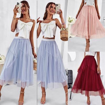 China 2 Layers Anti-Static Mesh Ball Gown Skirt 2022 Summer Blue Tis Tutu Skirt Dot Pleated Skirt Women Long Tulle Casual Chic Polka Dot for sale