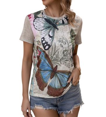 China Anti-Wrinkle Women Fashion Sleeve T-shirts Summer Shorts Tops T-Shirts High Street Butterfly Casual Women's Cotton Tees Blend for sale