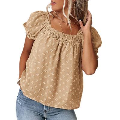 China Double Layers Patchwork Jacquard Jacquard Patchwork Blouses Tops Ladies and Women Anti-pilling Soft Square Collar Tops Puff Sleeve Chiffon Blouse 2022 Design for sale