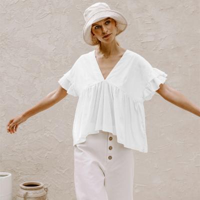 China Anti-pilling Ladies Loose Summer Full Cotton Women Blouse Canvas Women V Neck Fashion Blouse Full Women for sale