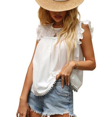 China Anti-pilling Washed Cotton Hollow Out Lady Sleeveless Summer Tops 2022 Office Women Shirt Holiday White O-Neck Ruffle Women Blouse for sale