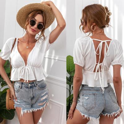 China Anti-pilling Drop Ship Lantern Sleeve Cotton Blouses Tops For Women Summer Shirts V Neck Solid Back White Lace Up Crop Tops Wholesale Cheap for sale