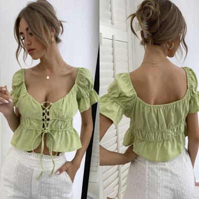 China Cotton Lace-Up V-Neck Drop Boat Anti-Pilling Short Shirts For Women Summer Casual Latest Design Chic Ruffles Sleeve Crop Green Custom Tops for sale