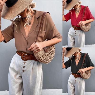 China 2022 Fashion Women Shirts Lady Summer Casual Collar Anti-pilling Deep V-Neckline Deep V-Neck Buttons Pockets Shirt Tops Women Blouses for sale