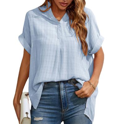 China Anti-pilling Fashion V-Neck Shorts Sheath Loose Elegant Casual Plaid Blouse Summer Lady Shirts Oversized Office Work Tops For Women for sale