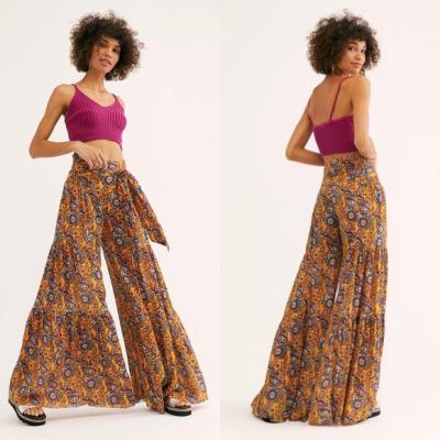 China Anti-Wrinkle Bohemian Women Printing Boho Long Culotte Pants Wide Leg Pants Casual Loose Easy Beach High Waist Oversize Pants for sale