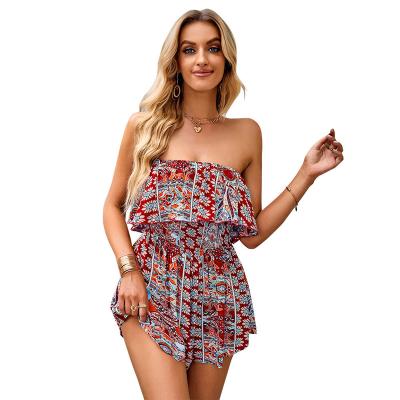 China QUICK DRY Sexy Strapless Wide-leg Overalls Women Short Rompers 2022 Summer Boho Women Print Floral Shorts Beach Ruffles Overalls For Women for sale