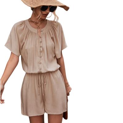 China QUICK DRY Lace Up Button Casual Vintage Summer Shorts Rompers For Women 2022 O-Neck Solid Loose Plain Playsuit Short Jumpsuit Women for sale