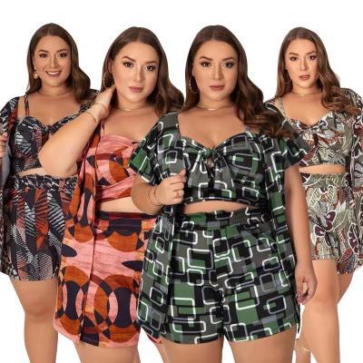 China Viable Plus Size Women's Casual Three Pieces Sets 2022 Summer Geometric Print Shorts + Spaghetti Strap Tank Tops + Loose Cardigan Outfits for sale