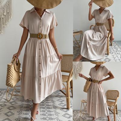 China Good Quality Solid Color Anti-Static Squishy Button Down Shirt Dress 2022 Summer Dresses Women Short Sheath Lady Elegant Office Maxi Dresses for sale