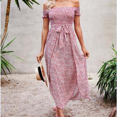 China Anti-Static Summer Dresses Wholesale Floral Off The Shoulder Backless Belted Women Fashion Long Maxi Strapless Casual Dress Women for sale