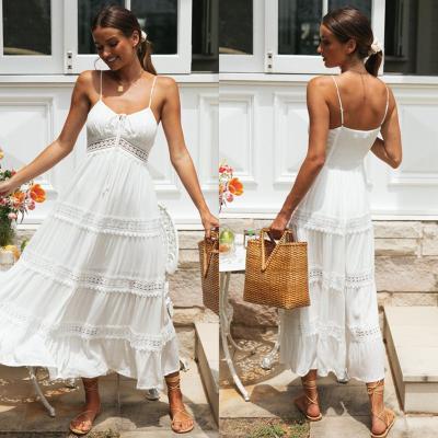 China Anti-Static Ready To Ship Flowy Bohemian Chic Patchwork Long Dress Spaghetti Strap Lady White Dress Summer Cute Casual Lace Dresses Women for sale