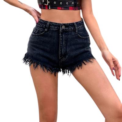 China QUICK DRY Elastic Stretch Women Denim Shorts Cotton Pants Distressed High Waist Black Tassel Shorts Women Jeans for sale