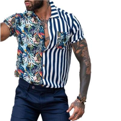 China Anti-pilling fashion men's shirts turn-down stripe print shirt collar buttoned casual patchwork luxury social short sleeve tops men's clothing for sale