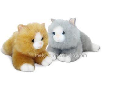 China Realistic Soft Yellow and Gray Cat Plush Toy Cute Stuffed Real Fur Plush Cat for sale