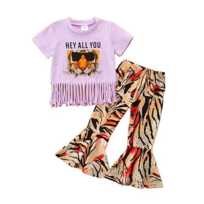 China National Vintage Fashion 100% Cotton Shorts Sleeve Tassel Leopard Printed Two-Piece Baby Outfit Suit for sale