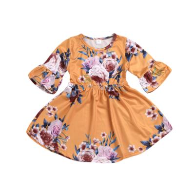 China Cute Fashion Little Girls Washable Round Neck Floral Printed Flared Princess Dress for sale