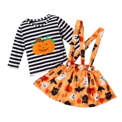 China New Design Casual Breathable Babies Striped Long Sleeve Shirt Halloween Pumpkin Print Strap Dress for sale