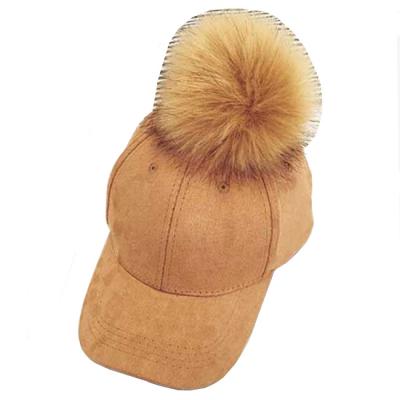 China JOINT Pom Pom Cap Adjustable Suede Baseball Faux Fur Caps Mens Womens Unisex Hat for sale