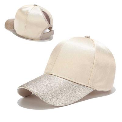 China JOINT Hat Glitter Brim Satin Custom Sports Caps Women Ponytail Baseball Cap for sale