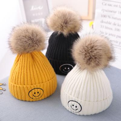 China Korean Character Fashion Baby Hat For Winter Children Pompom Knitted Beanie Hat for sale