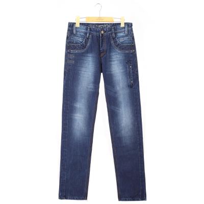 China complex stitching indigo jeans,100%cotton thicker denim，whiskers+sandblast washing effect for sale