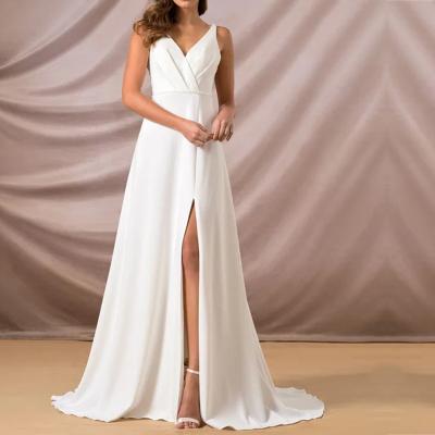 China Custom Made Anti-Static Floor Length White Chiffon Elegant Women Evening Dress Sleeveless Dress Beaded for sale