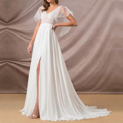 China Custom Made Anti-static Floor Length White Chiffon Elegant Women Short Sleeve Prom Dresses 2022 China Same for sale