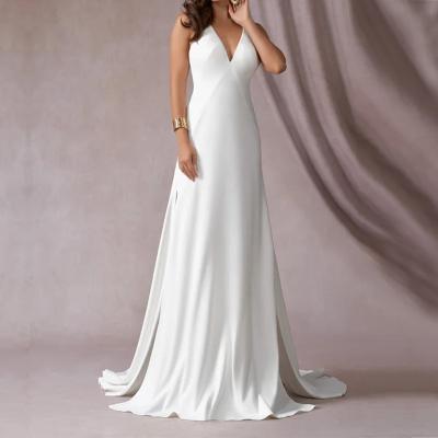 China Anti-Static Custom White Sleeveless Floor Length Ball Gowns Backless Slit Velvet Bottom Women Party Formal Dresses for sale