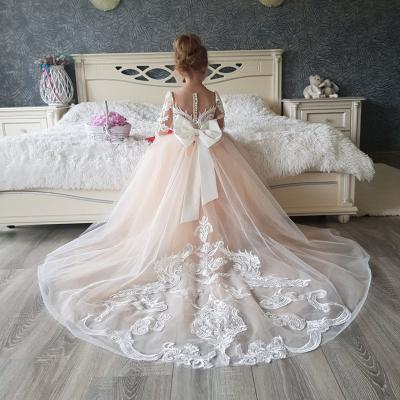 China Custom Made High Quality Breathable Ivory Lace Bow Backless 2 Year Old Baby Birthday Dress Ball Gown Long Sleeve Dress for sale