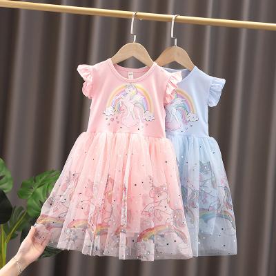 China High Quality Custom Anti-Static Rainbow Horse Printed Summer Casual Kids T-shirt Clothes Girls Dresses for sale