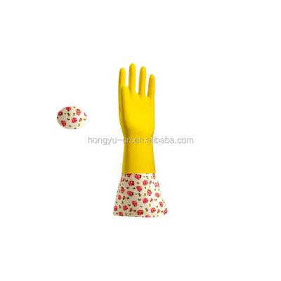 China Durable Yellow Flock Lined Household Latex Glove With Long Cuff And Various Pattern for sale