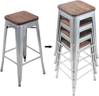 China Cooling Indoor Outdoor Industrial Metal Dining Bar Stool With Wood Seat for sale