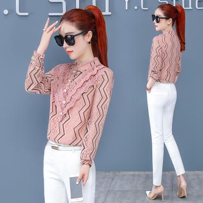 China Spring 2021 new spring lace shirt BI2068 women's temperament printed viable round neck slim comfortable long sleeve short shirt for sale