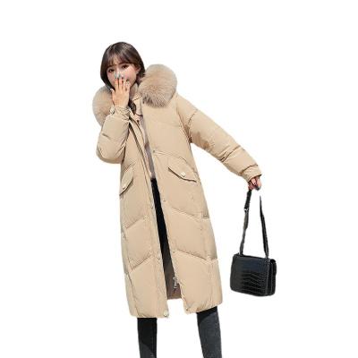 China Waterproof profile white duck down jacket women knee length new 2021 winter big fur collar long padded down jacket for sale