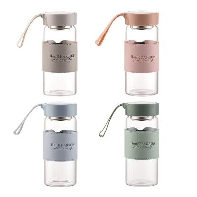 China Summer Style Borosilicate Glass Single Cup Sustainable Water Cup Transparent Portable Water Bottle With Leather Cup Cover for sale