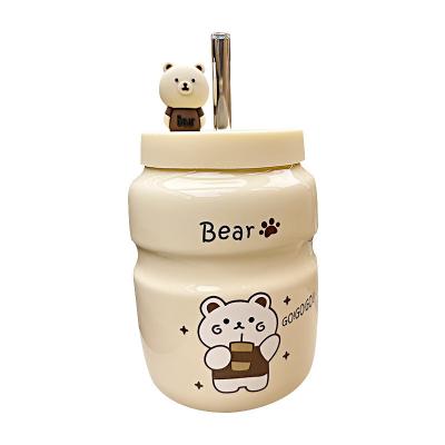 China Creative Cute Portable Ceramic Cup Durable Water Bear Gift Travel Mug Cartoon Ceramic Coffee Mugs With Straw And With Lid for sale