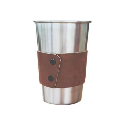 China Sustainable Outdoor Water Camping Mug Customize Logo Stainless Steel Travel Coffee Mug With Protective Sleeve Leather Portable Coffee Mug for sale